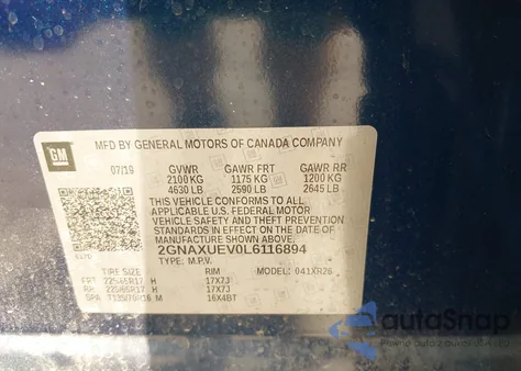 2020 Chevrolet Equinox Awd Lt 1.5L Turbo из США, поврежденный, VIN 2GNAXUEV0L6116894